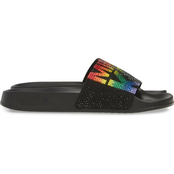 Michael Kors Gilmore Slides Black Rainbow Crystals - Picture 7 of 12